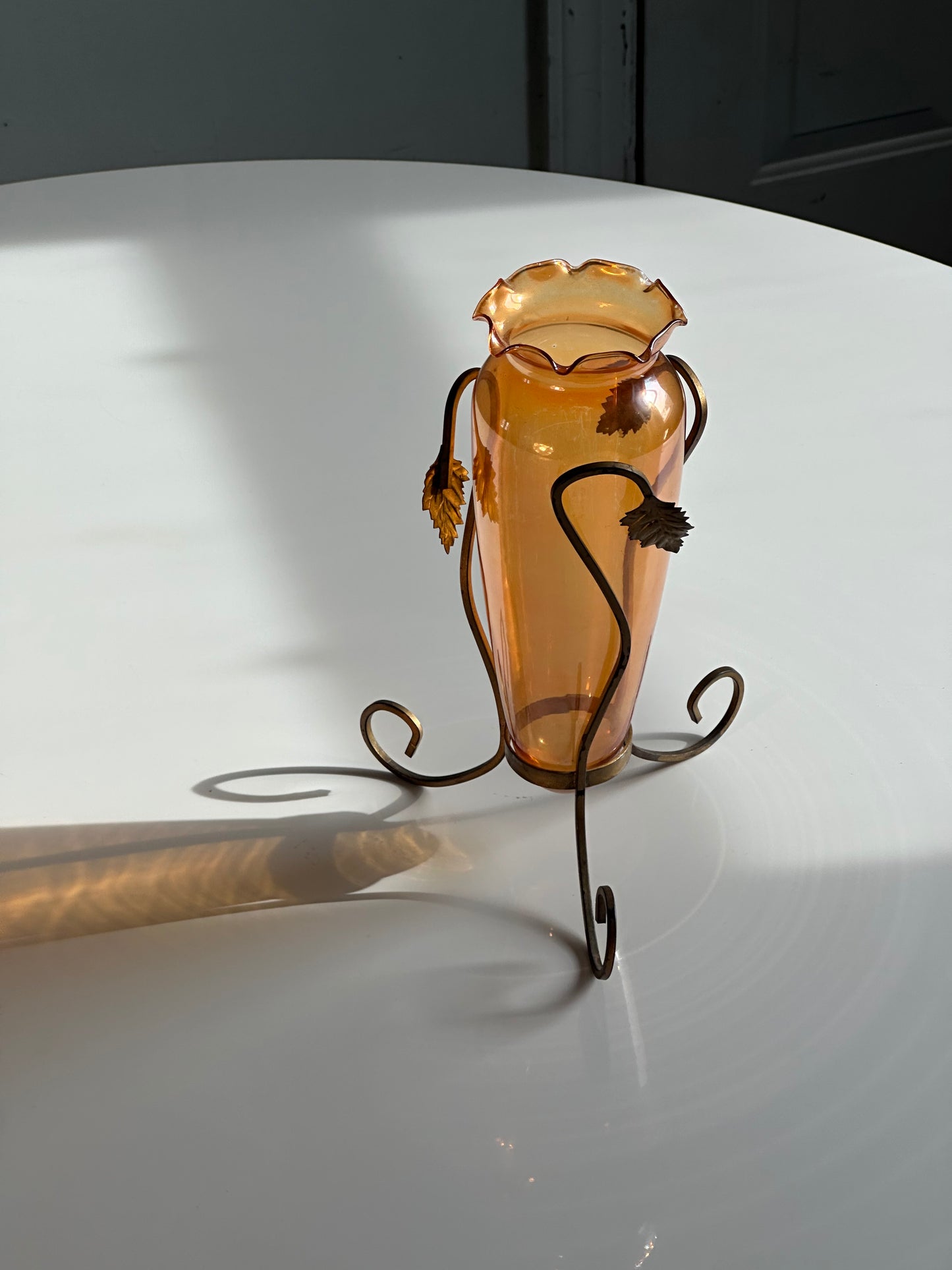 Vintage Amber Glass Vase with Wrought Iron Stand