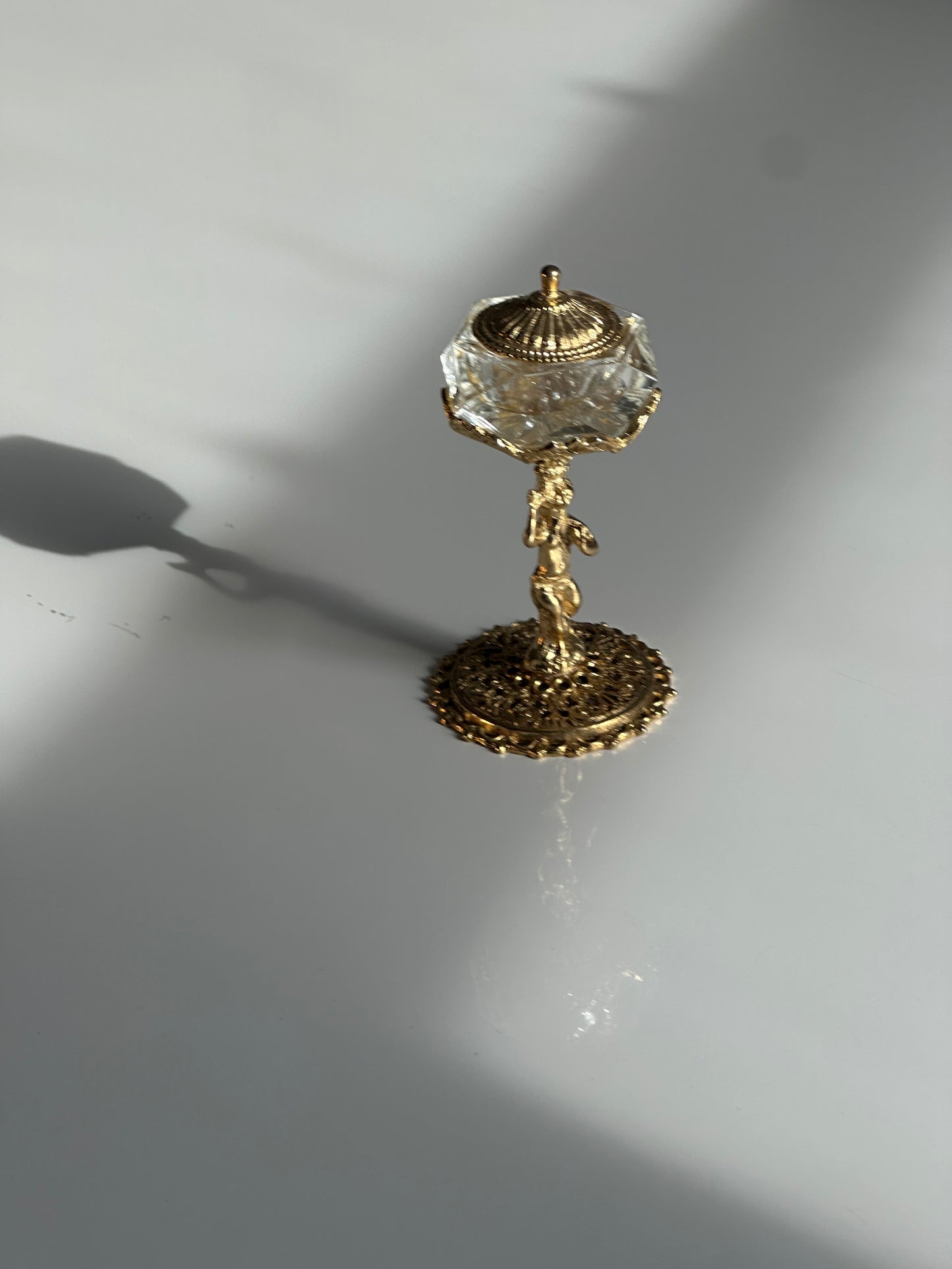 Vintage Brass & Cut Glass Covered Salt Cellar