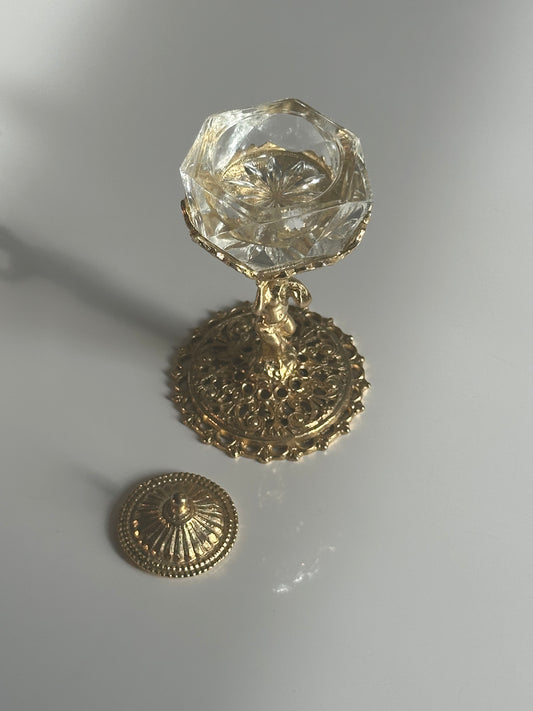 Vintage Brass & Cut Glass Covered Salt Cellar