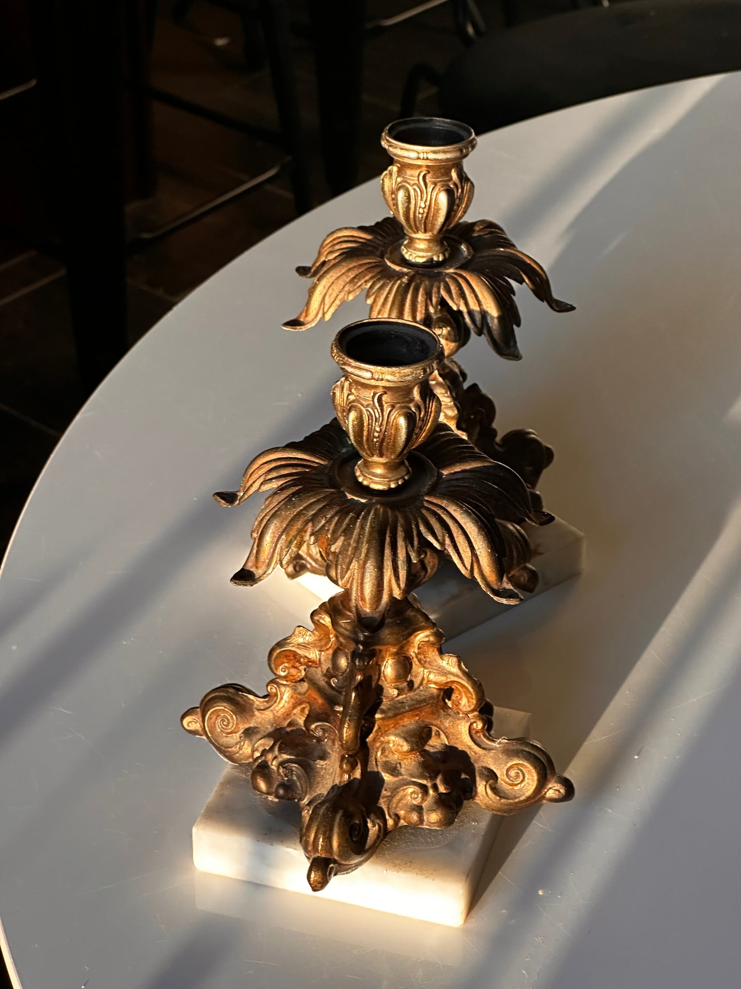 Pair of Gilt Metal Candlesticks with Marble Bases