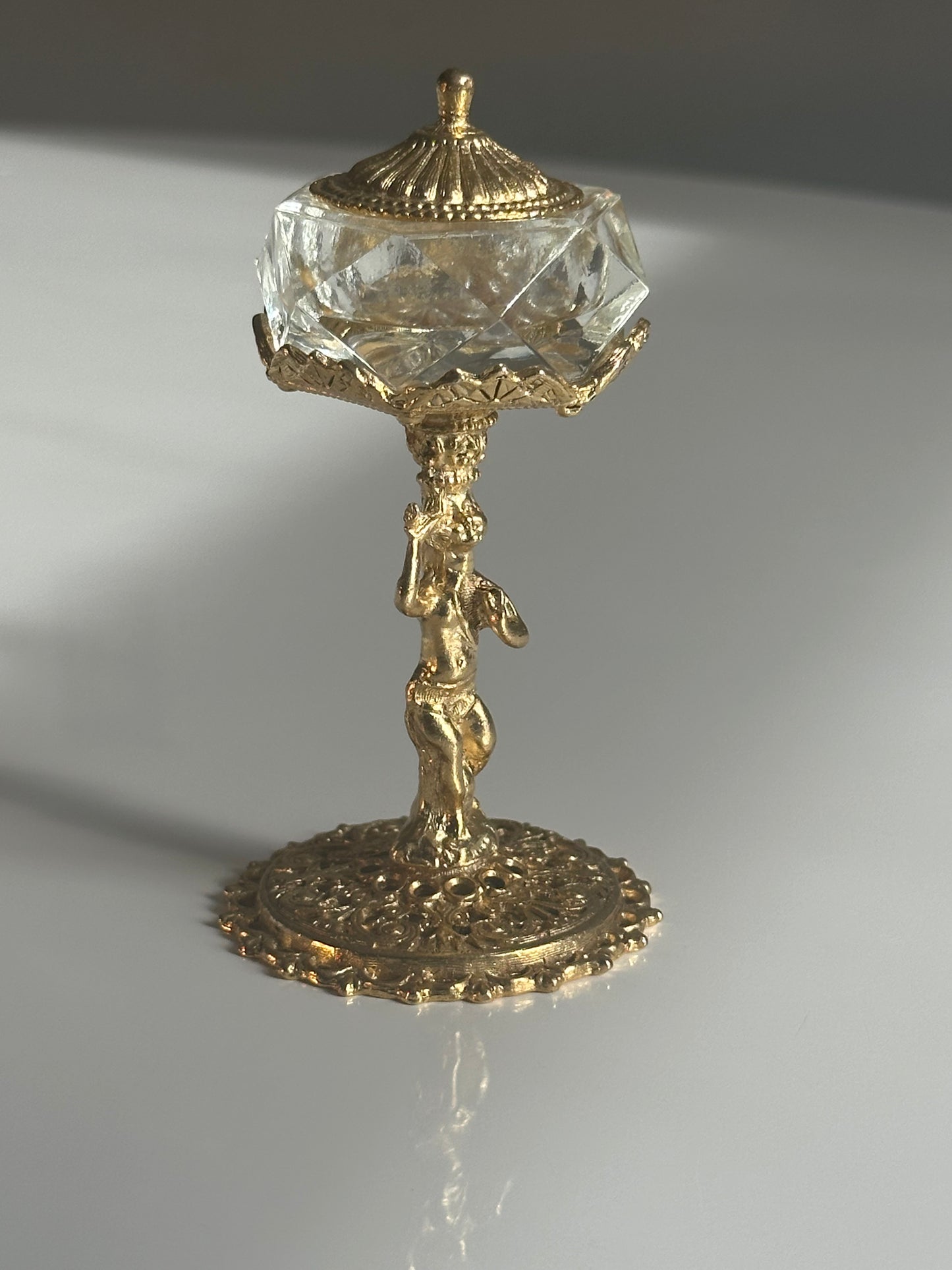 Vintage Brass & Cut Glass Covered Salt Cellar