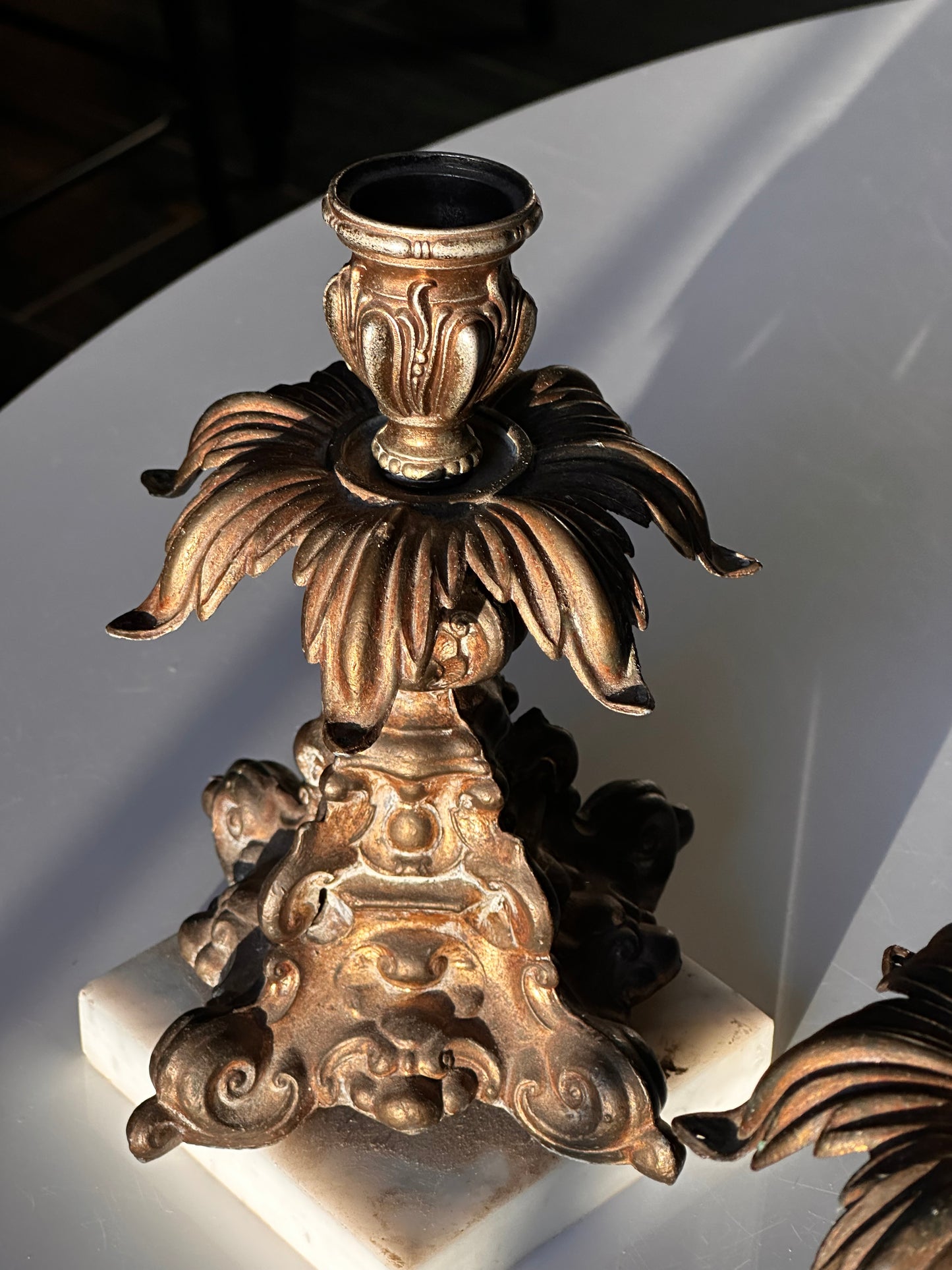 Pair of Gilt Metal Candlesticks with Marble Bases