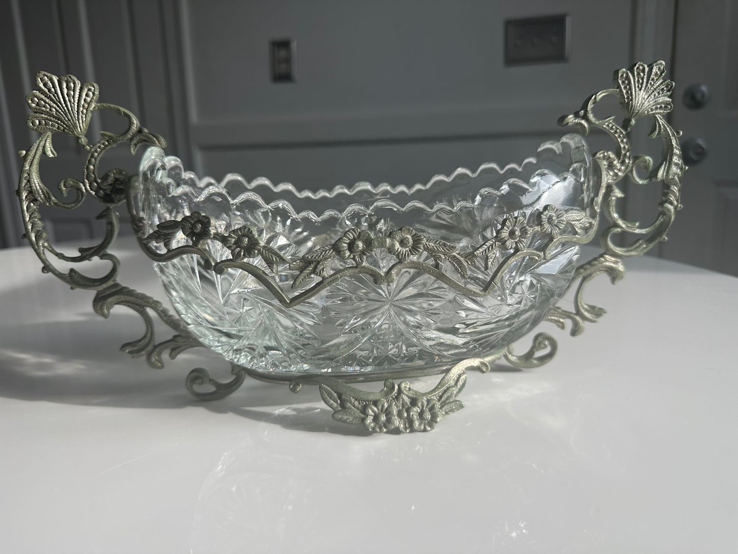 Vintage Cut Crystal Centerpiece with Ornate Metal Mount