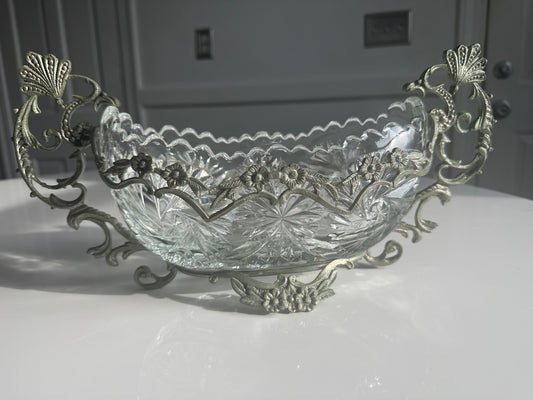 Vintage Cut Crystal Centerpiece with Ornate Metal Mount