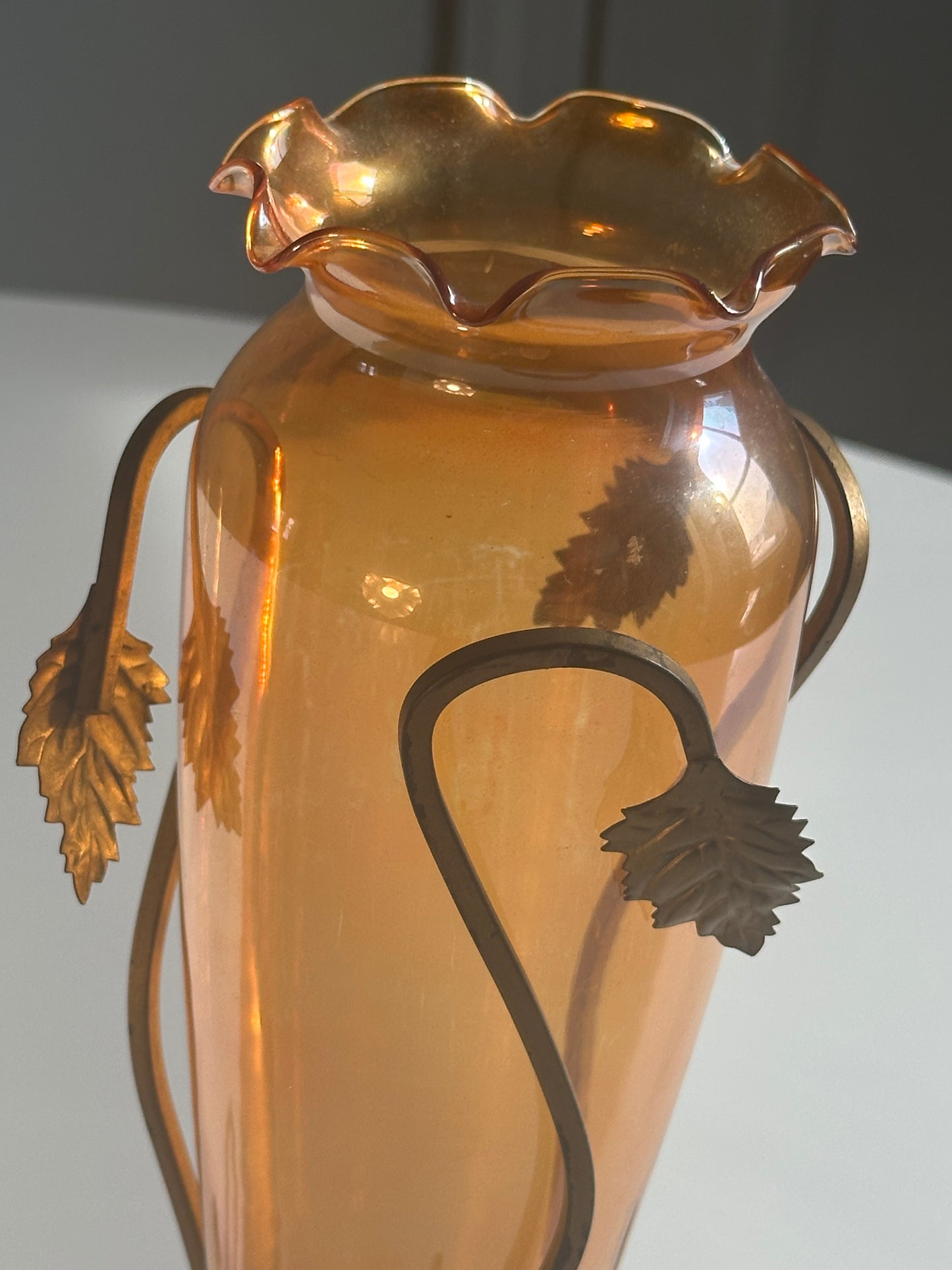 Vintage Amber Glass Vase with Wrought Iron Stand