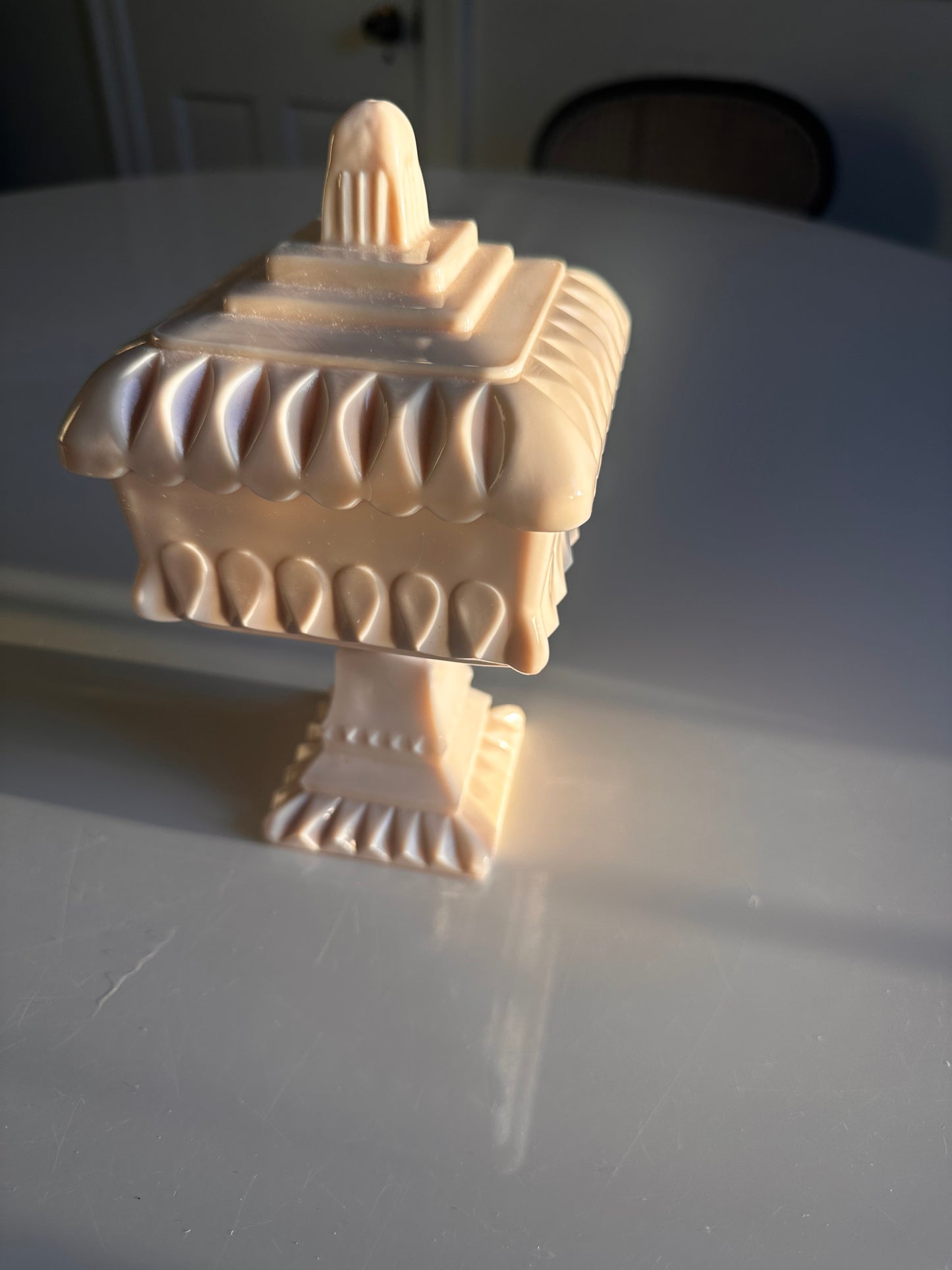 Blush Milk Glass Covered Pedestal Box