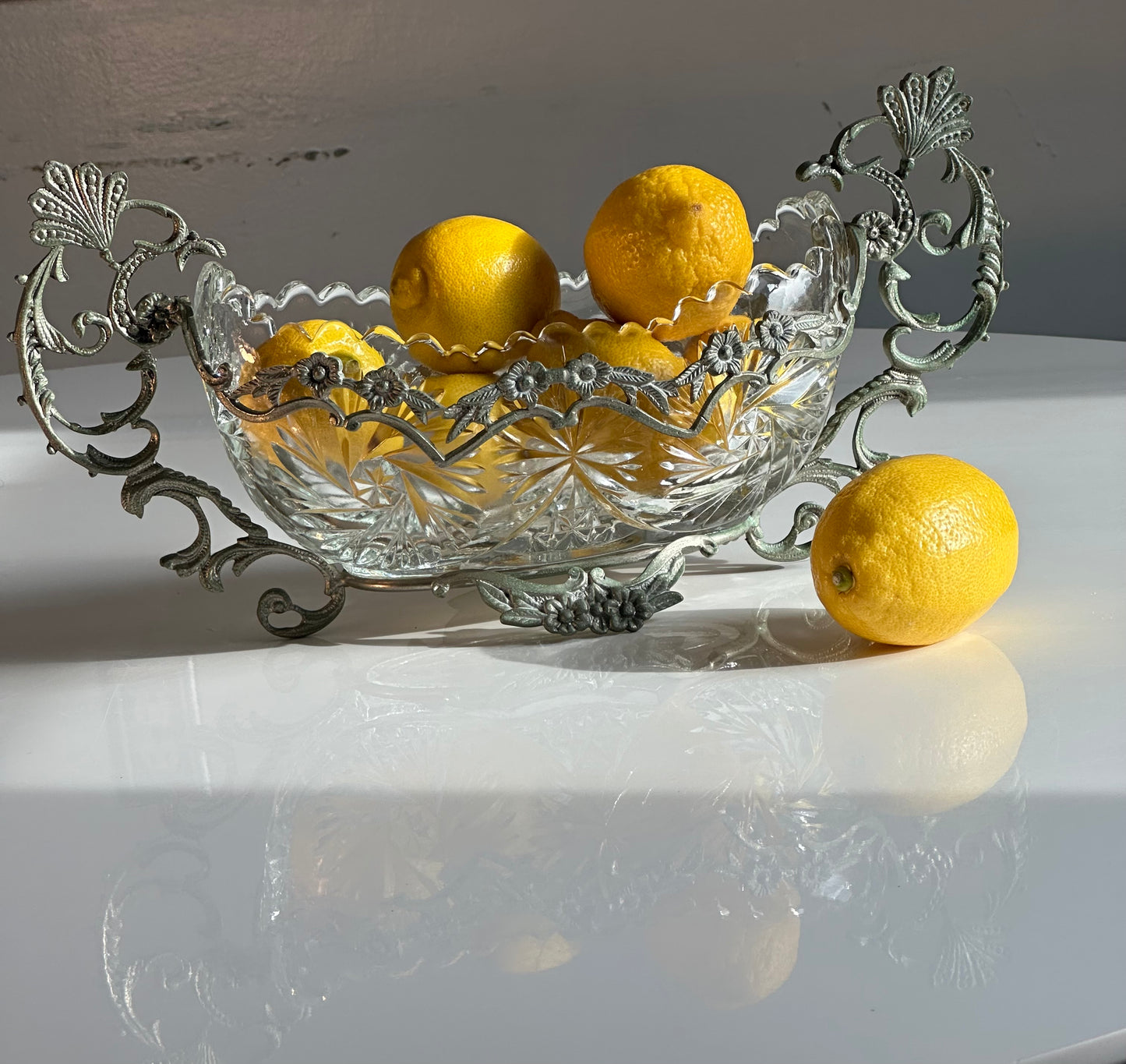 Vintage Cut Crystal Centerpiece with Ornate Metal Mount