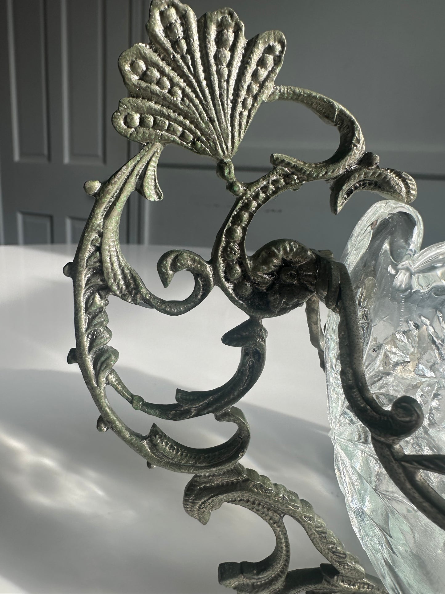 Vintage Cut Crystal Centerpiece with Ornate Metal Mount