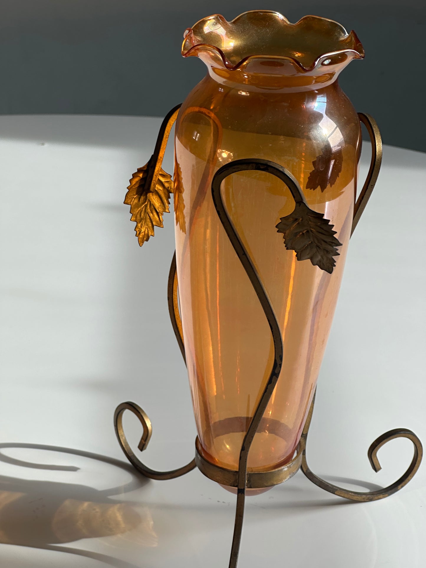 Vintage Amber Glass Vase with Wrought Iron Stand
