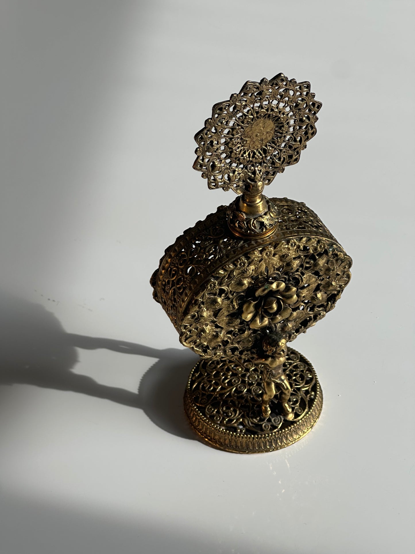 Vintage Filigree Perfume Bottle with Cherub Figures