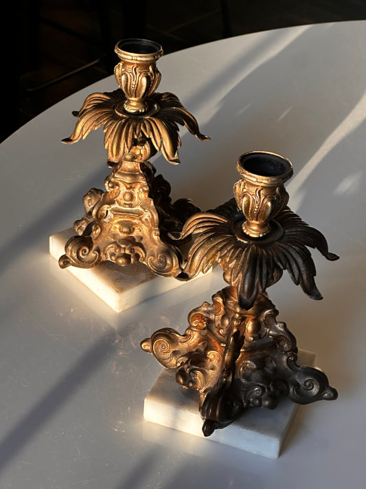 Pair of Gilt Metal Candlesticks with Marble Bases