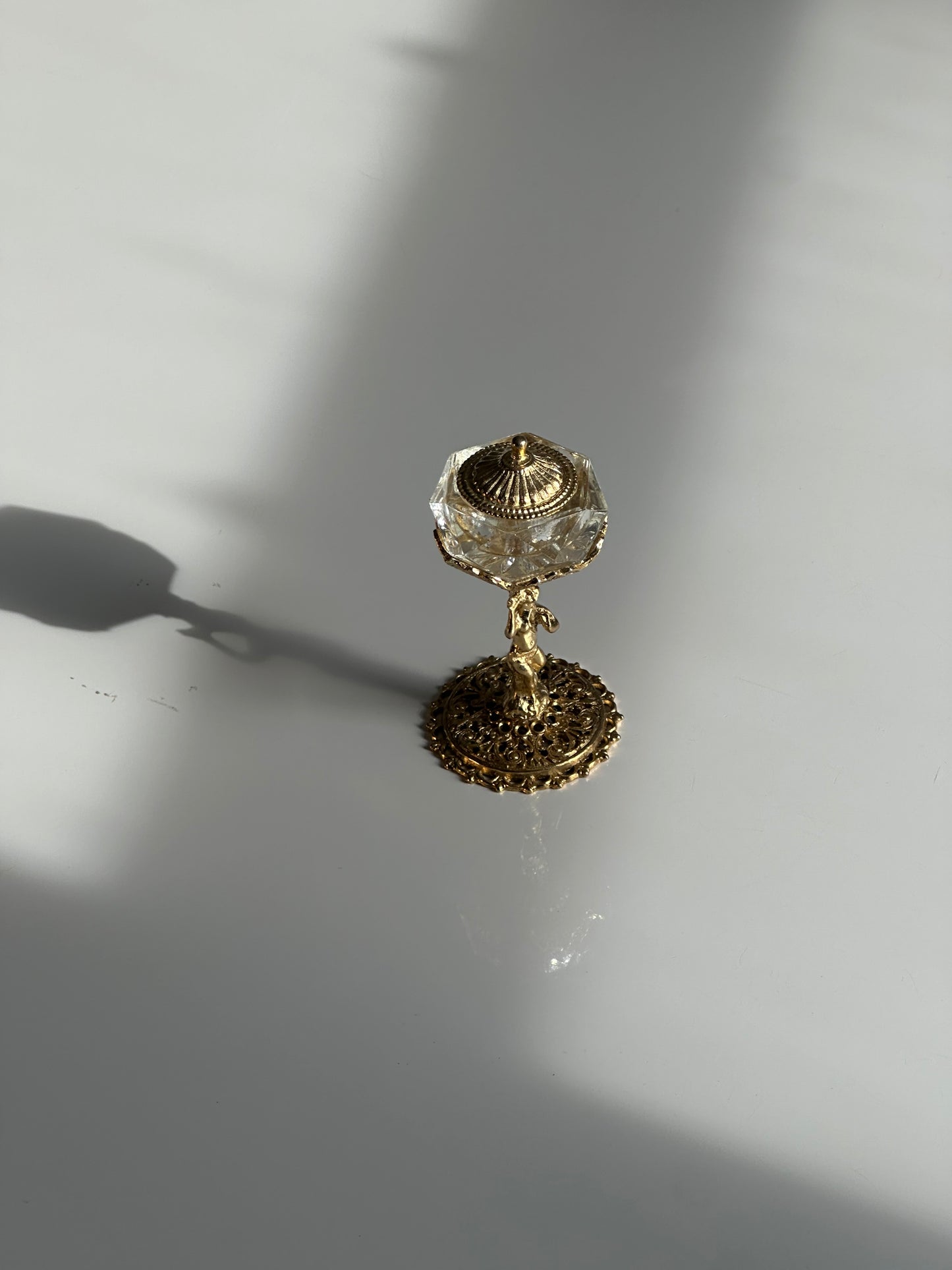 Vintage Brass & Cut Glass Covered Salt Cellar