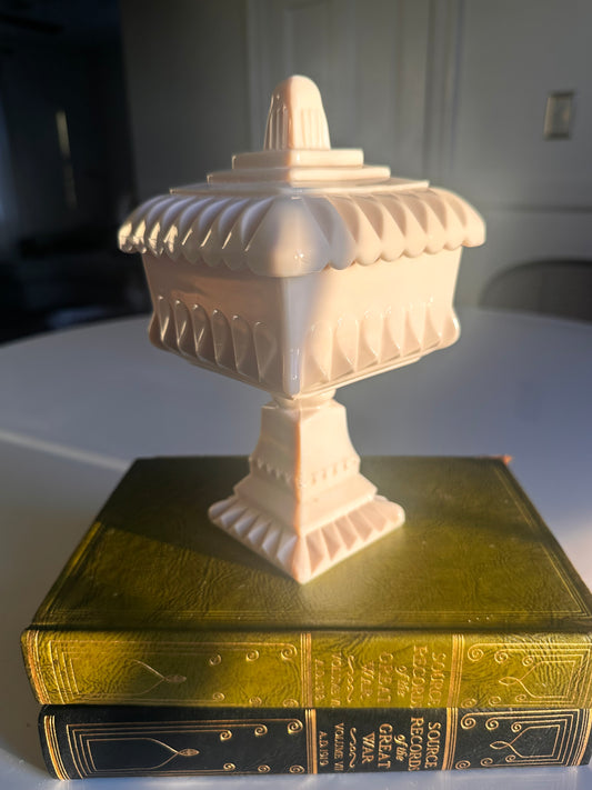 Blush Milk Glass Covered Pedestal Box