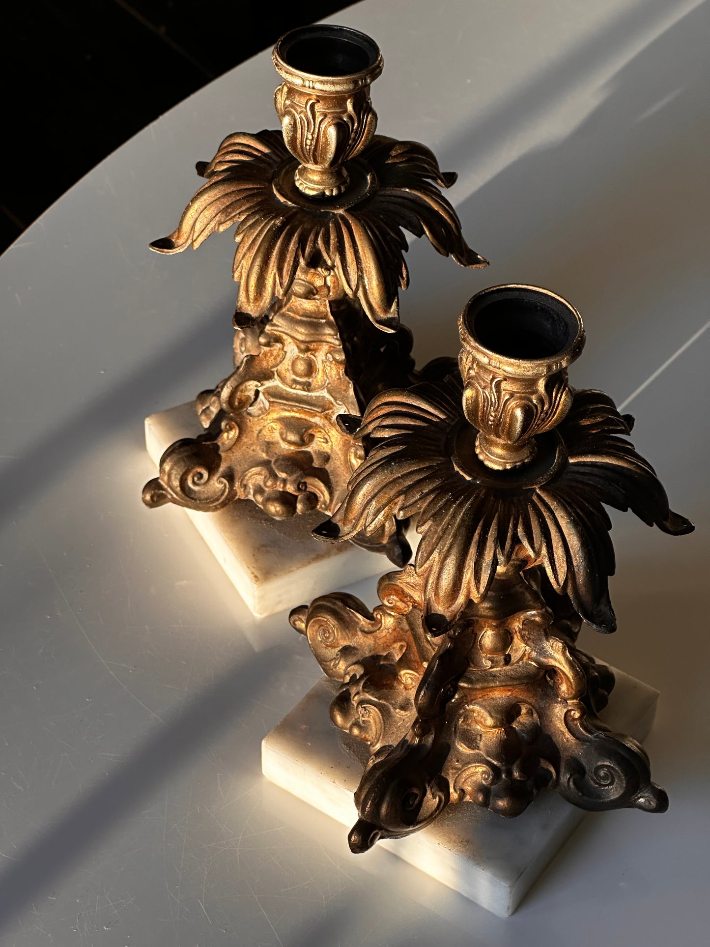 Pair of Gilt Metal Candlesticks with Marble Bases
