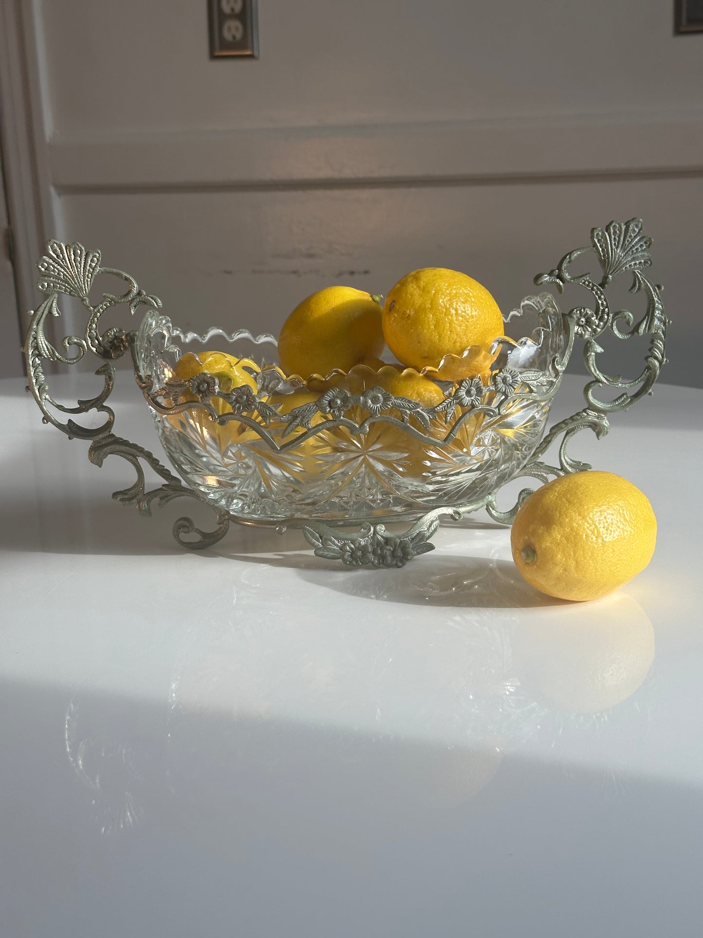 Vintage Cut Crystal Centerpiece with Ornate Metal Mount