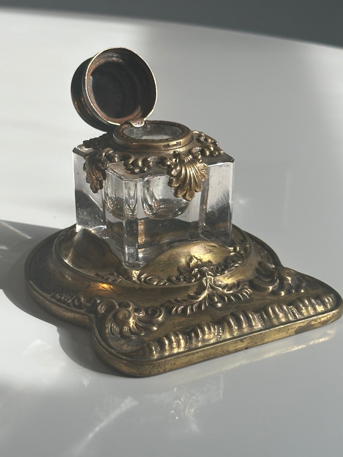 Antique Brass & Glass Inkwell