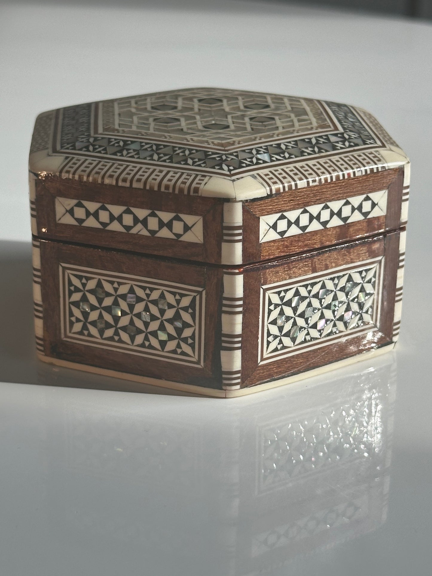 Vintage Hexagonal Inlaid Jewelry Box with Mother-of-Pearl