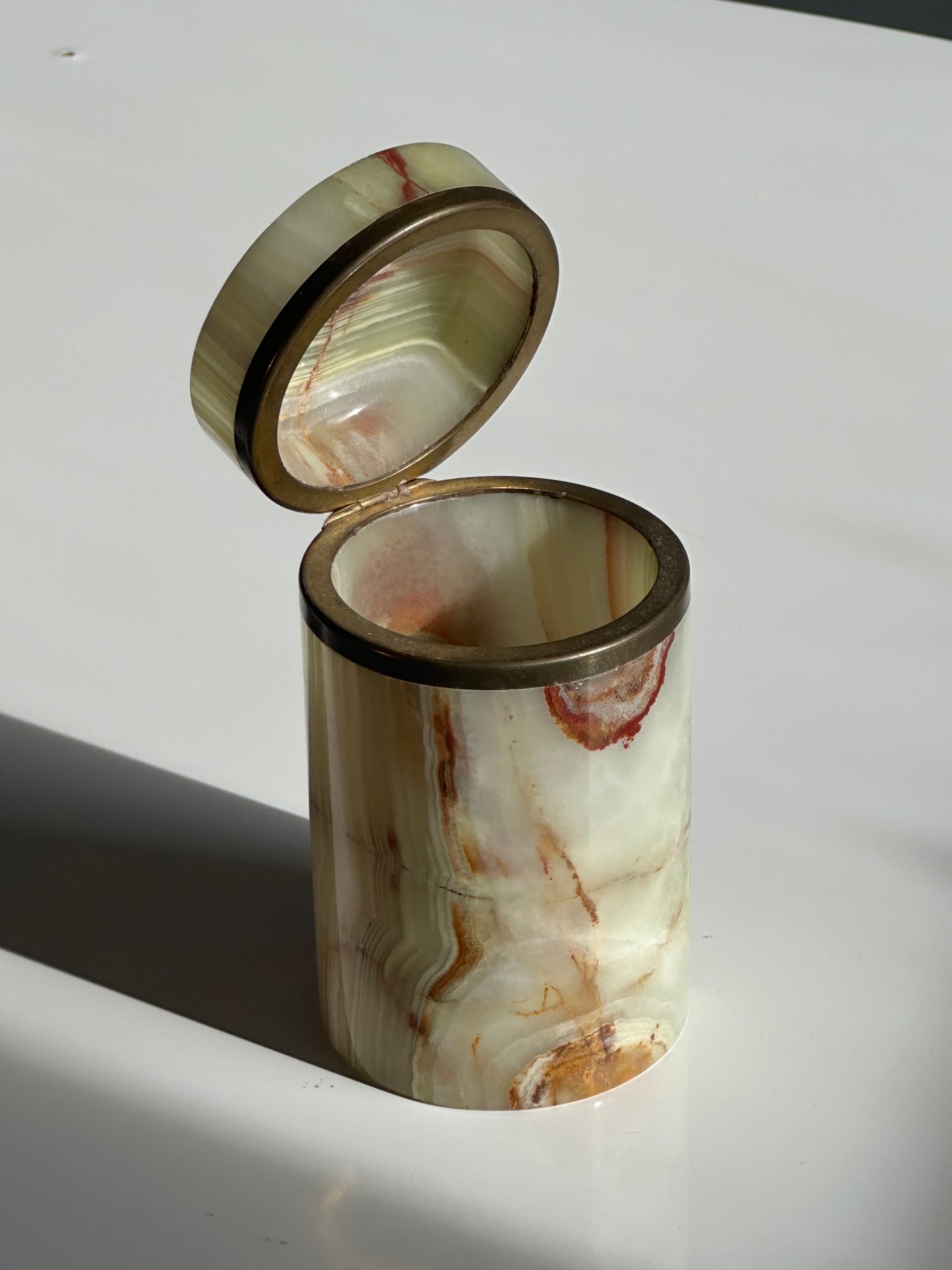 Vintage Mid-Century Lidded Onyx Jar with Brass Trim