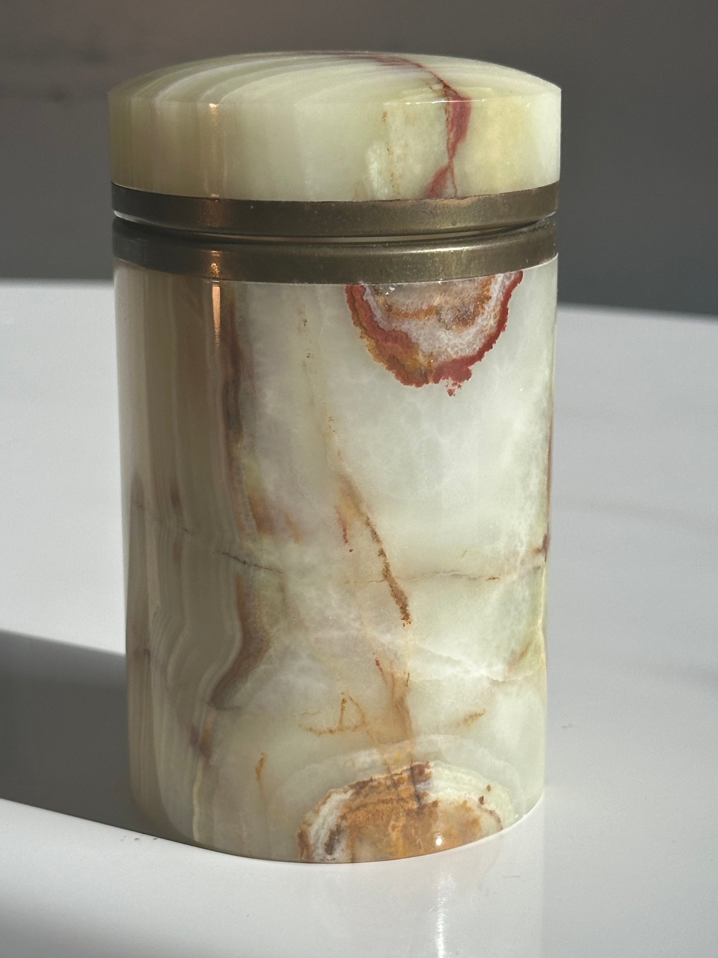 Vintage Mid-Century Lidded Onyx Jar with Brass Trim