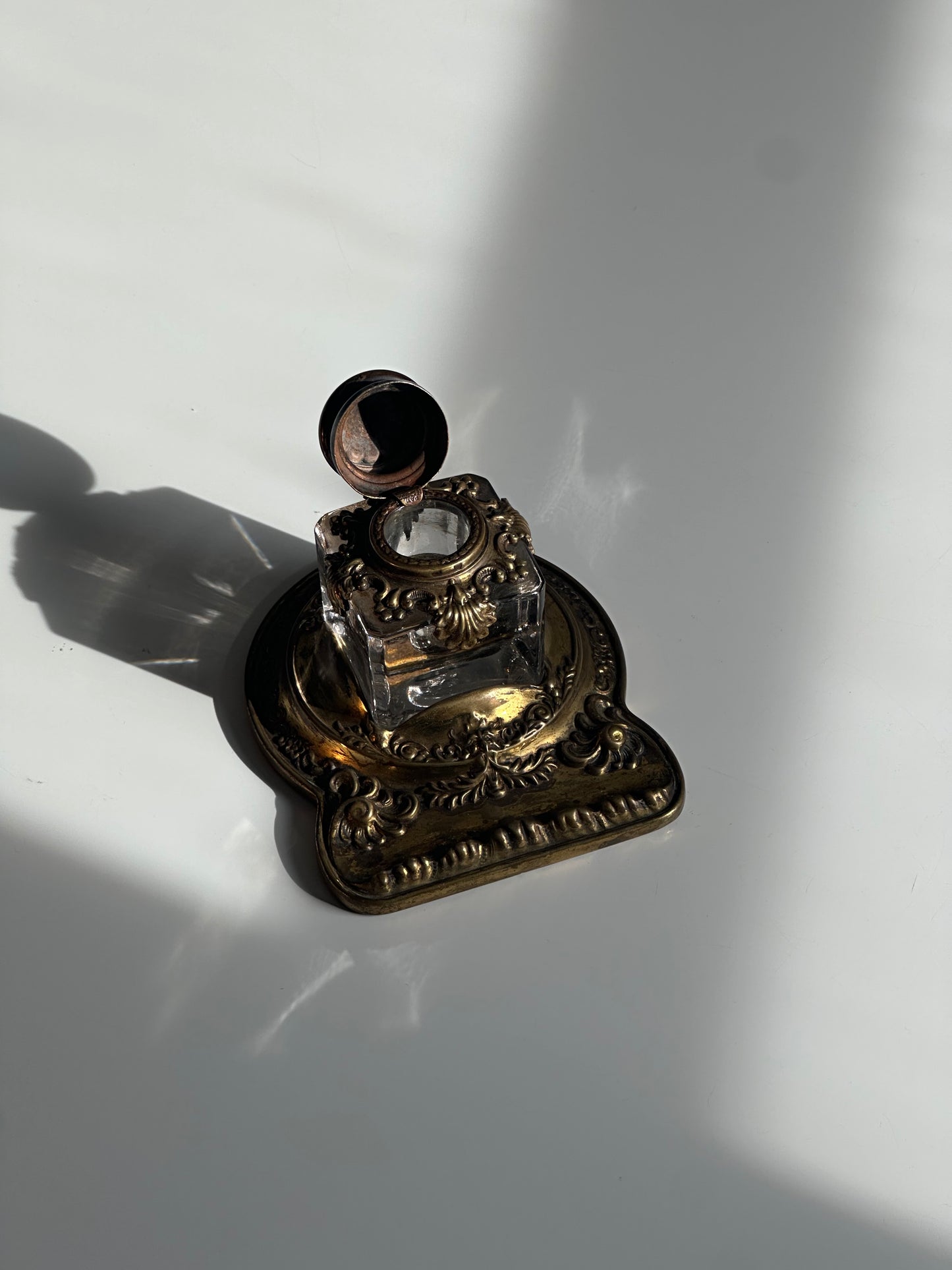Antique Brass & Glass Inkwell