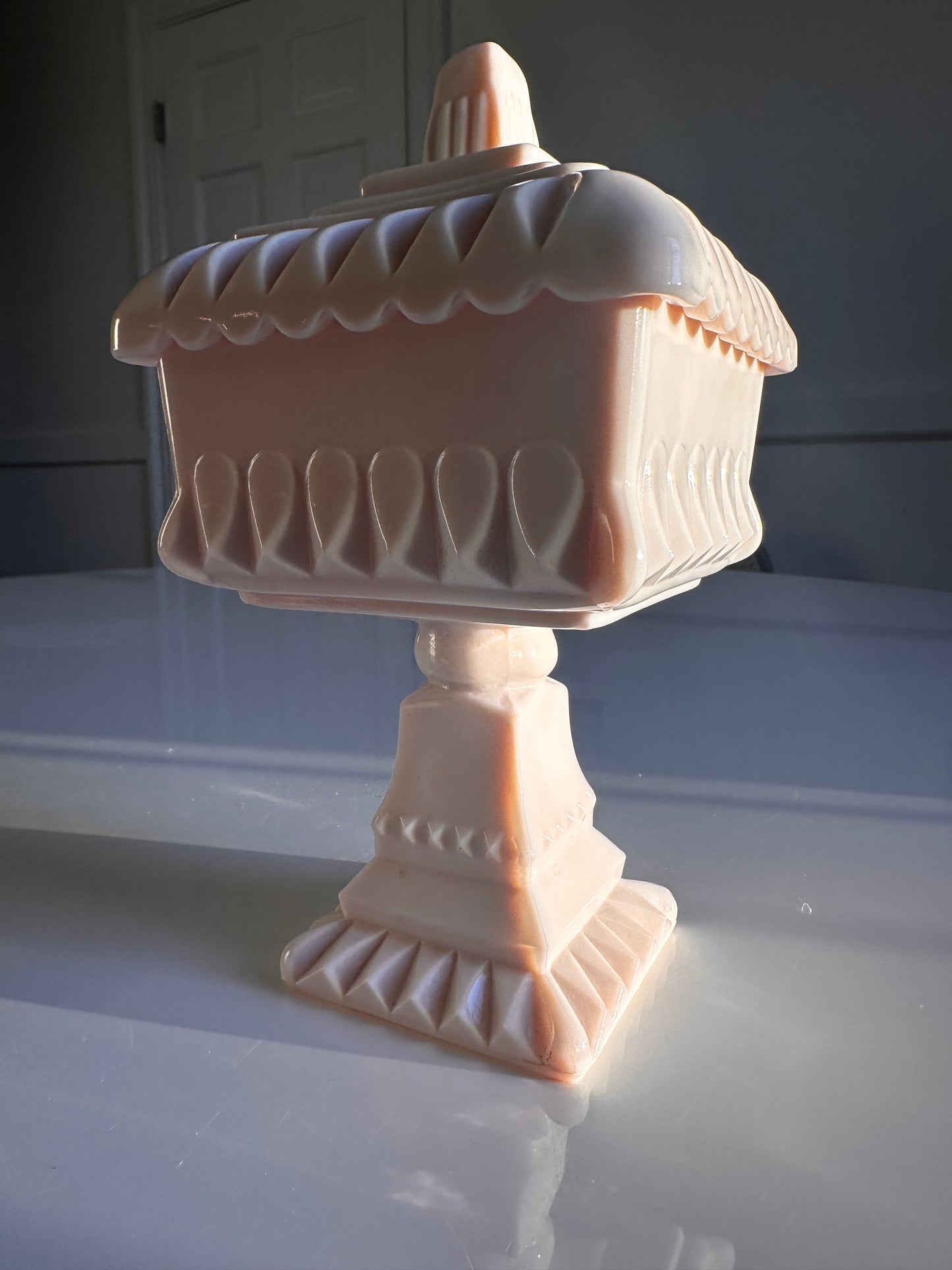 Blush Milk Glass Covered Pedestal Box