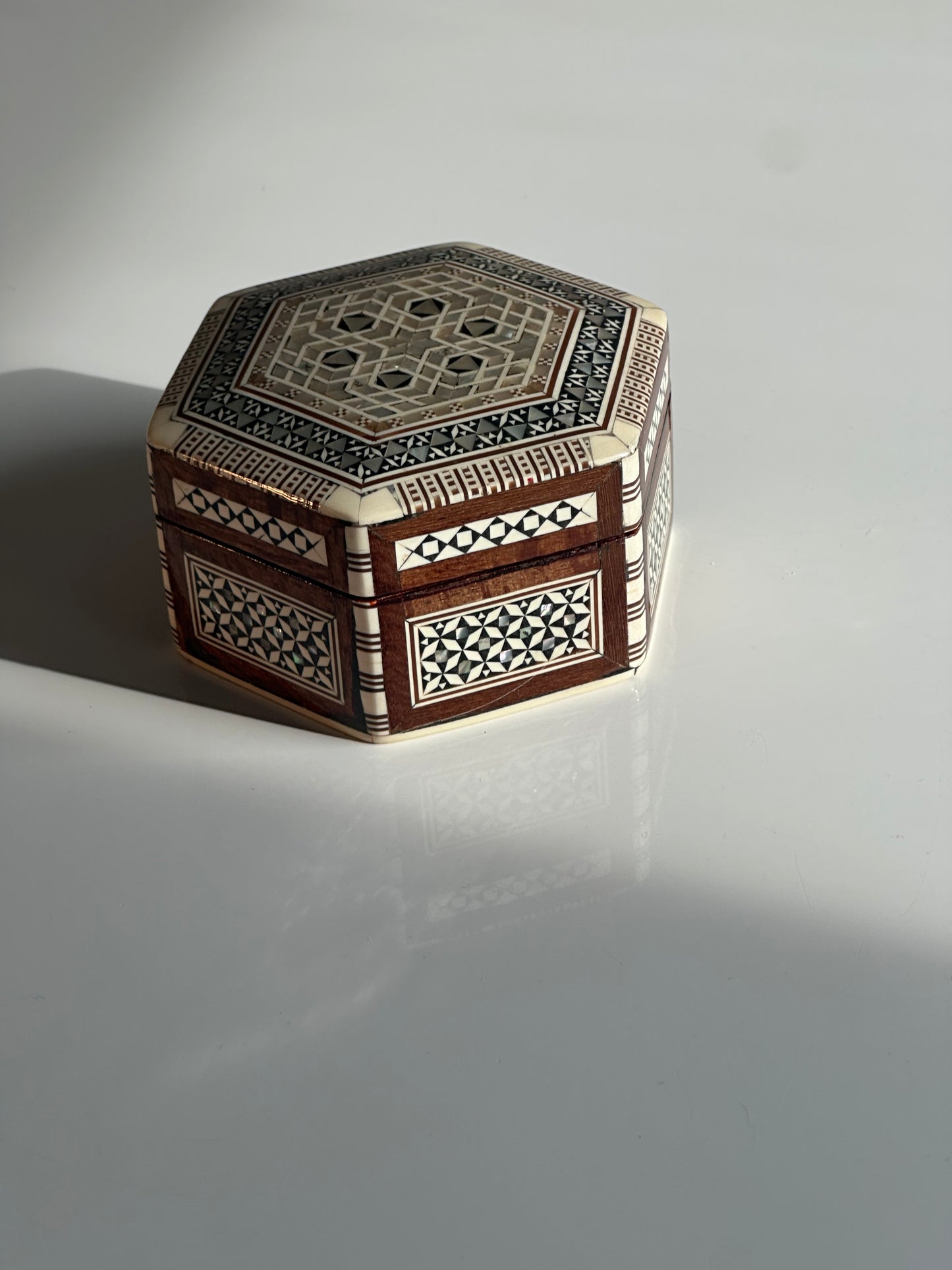 Vintage Hexagonal Inlaid Jewelry Box with Mother-of-Pearl