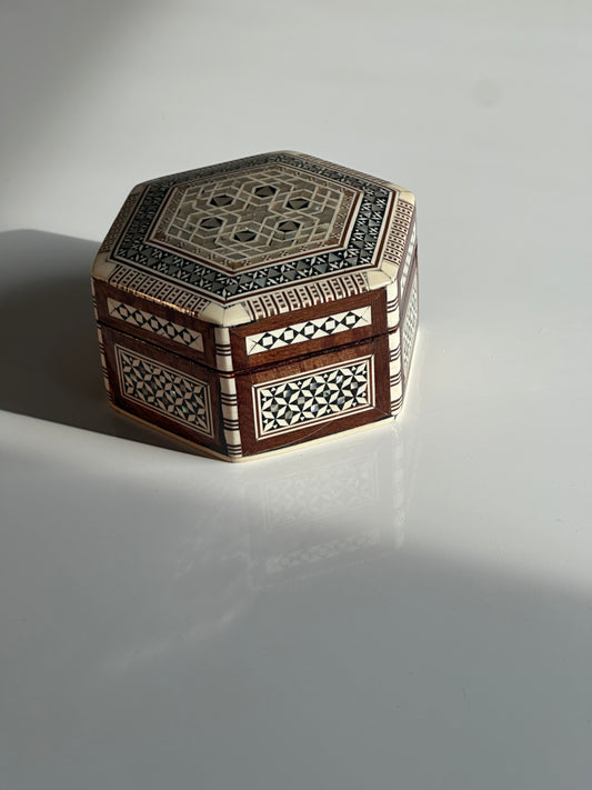 Vintage Hexagonal Inlaid Jewelry Box with Mother-of-Pearl