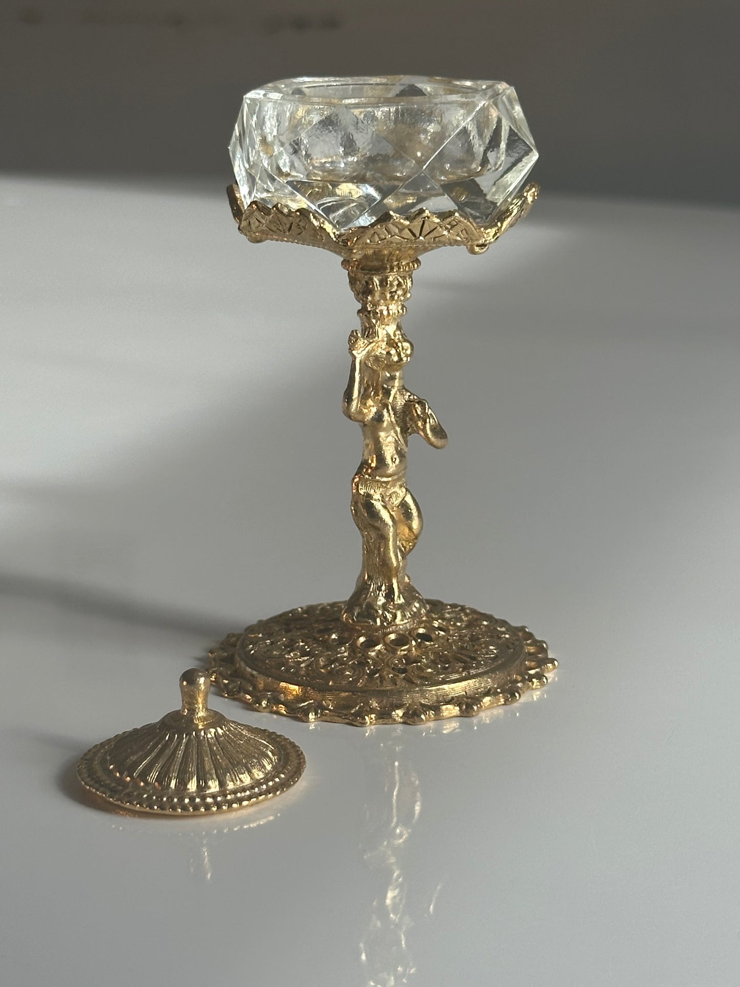 Vintage Brass & Cut Glass Covered Salt Cellar