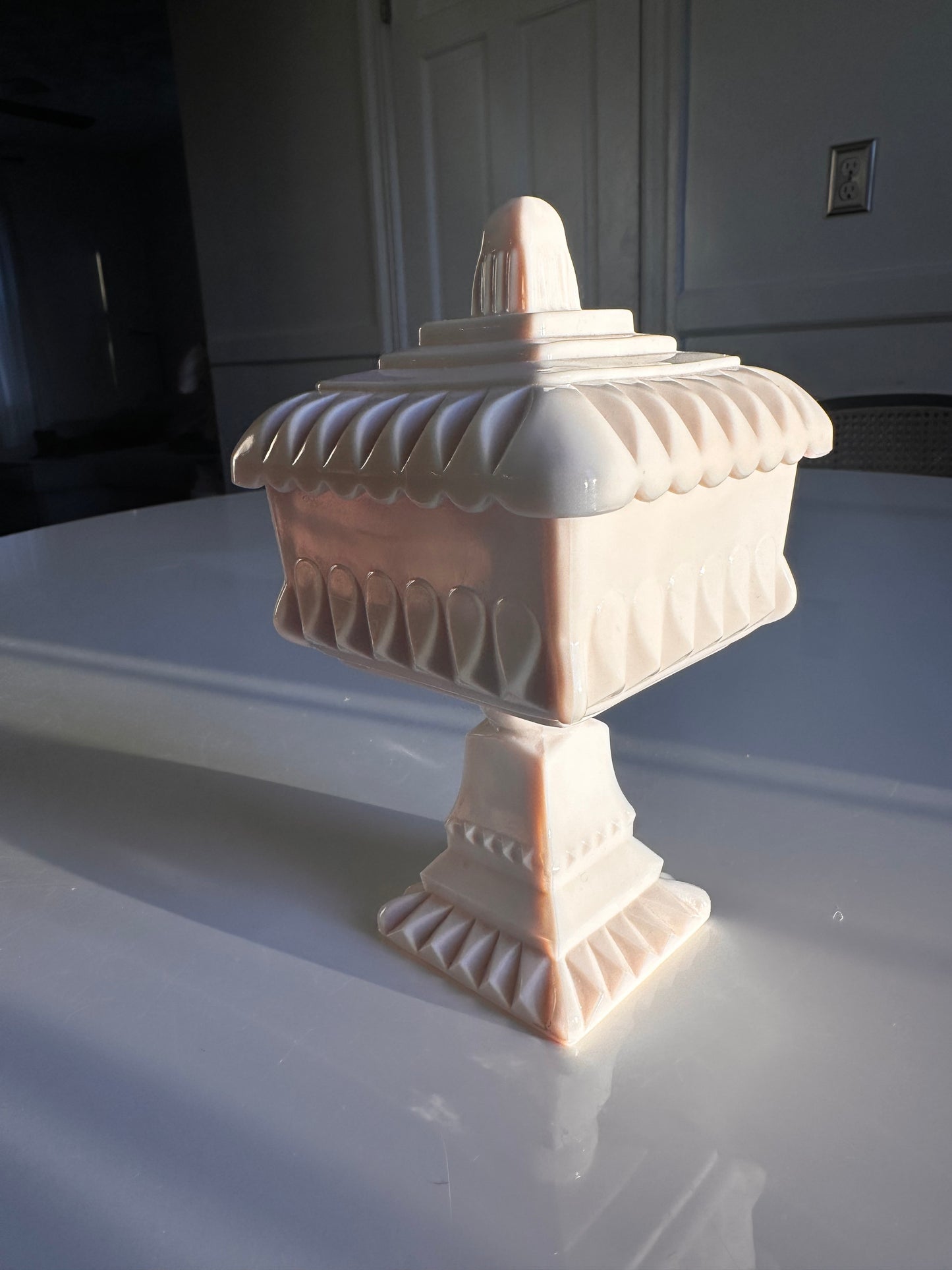 Blush Milk Glass Covered Pedestal Box