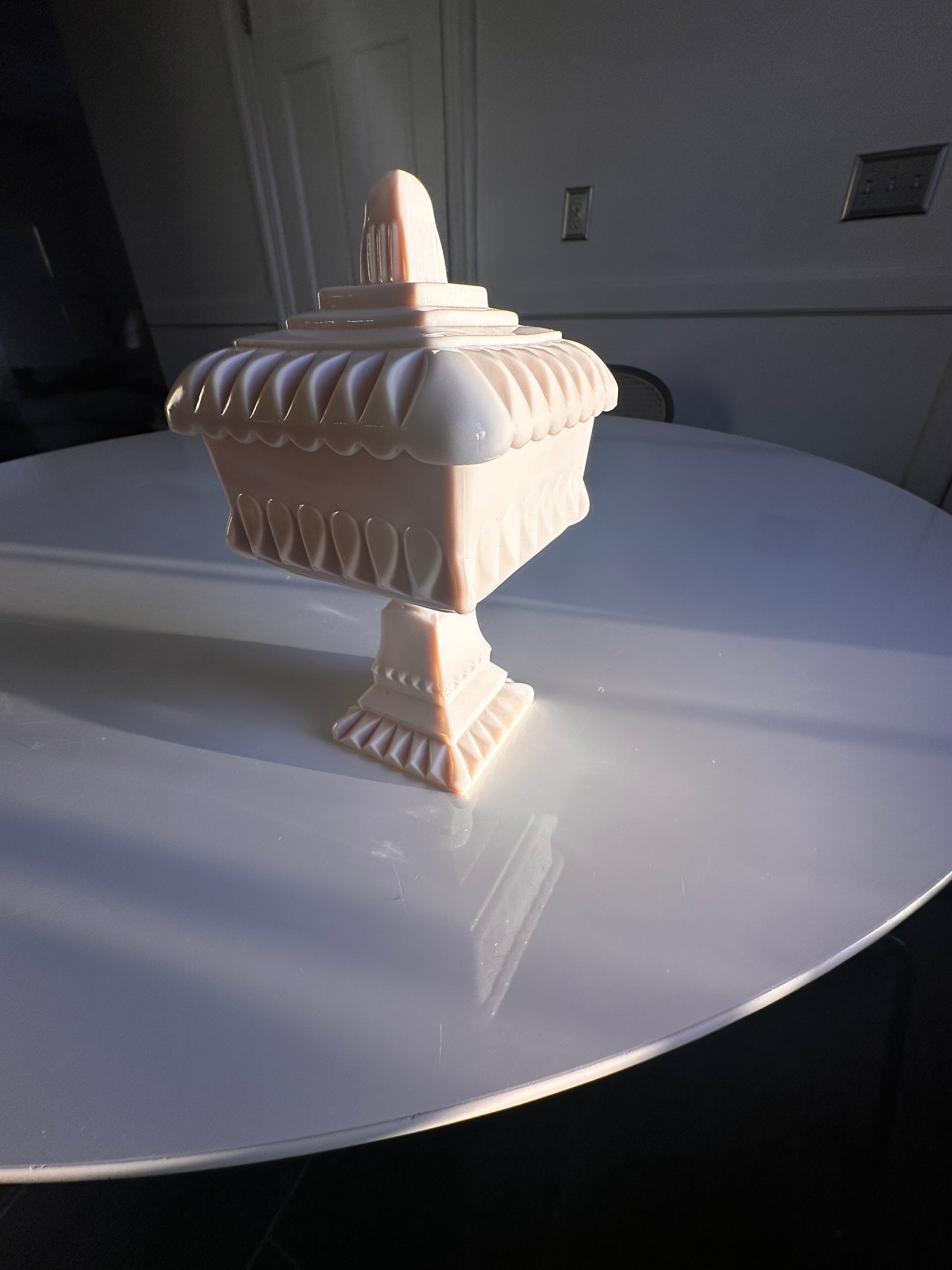 Blush Milk Glass Covered Pedestal Box