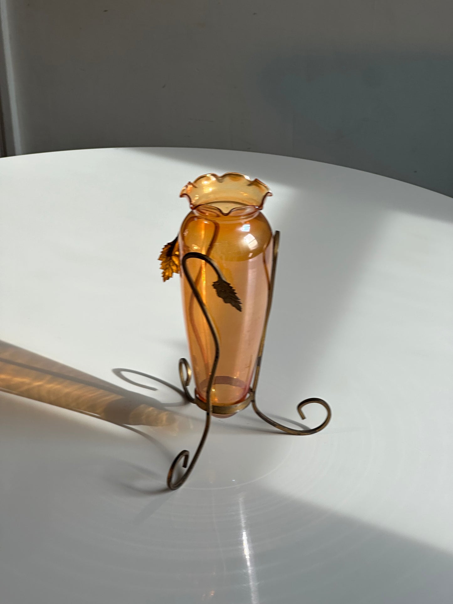 Vintage Amber Glass Vase with Wrought Iron Stand