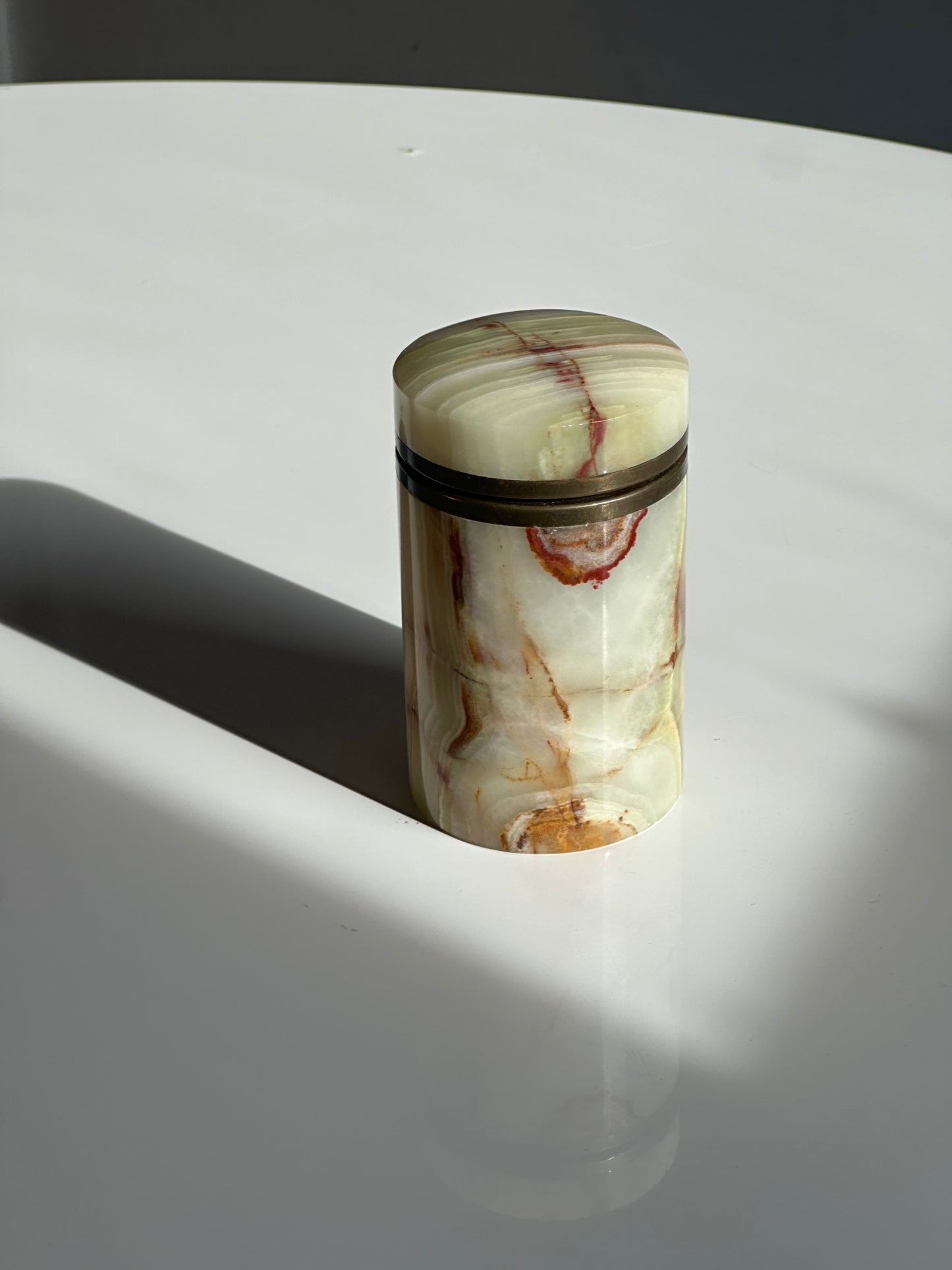 Vintage Mid-Century Lidded Onyx Jar with Brass Trim