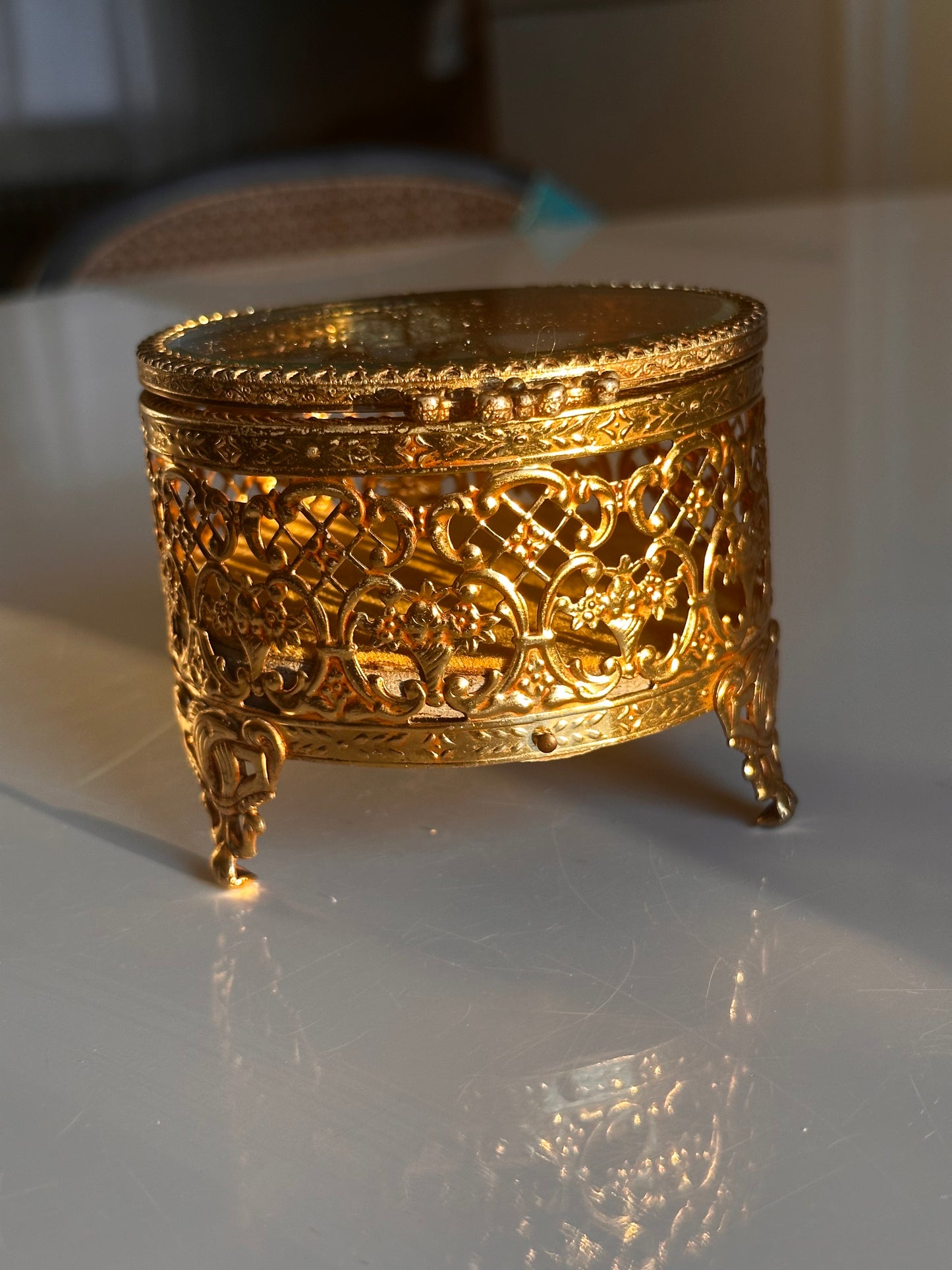 Vintage Gilt Filigree Jewelry Casket