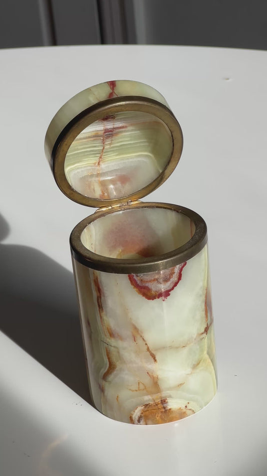 Vintage Mid-Century Lidded Onyx Jar with Brass Trim